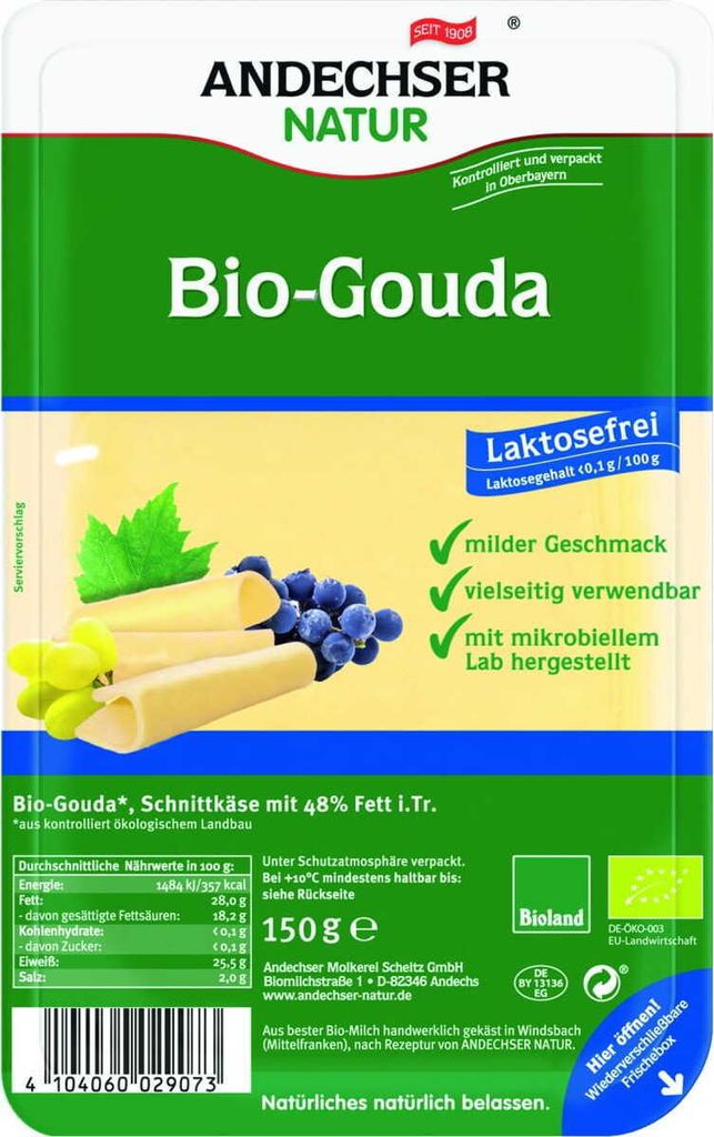 Gouda-Käsescheiben 48% laktosefrei  150 g Andechser Natur Produktbild 