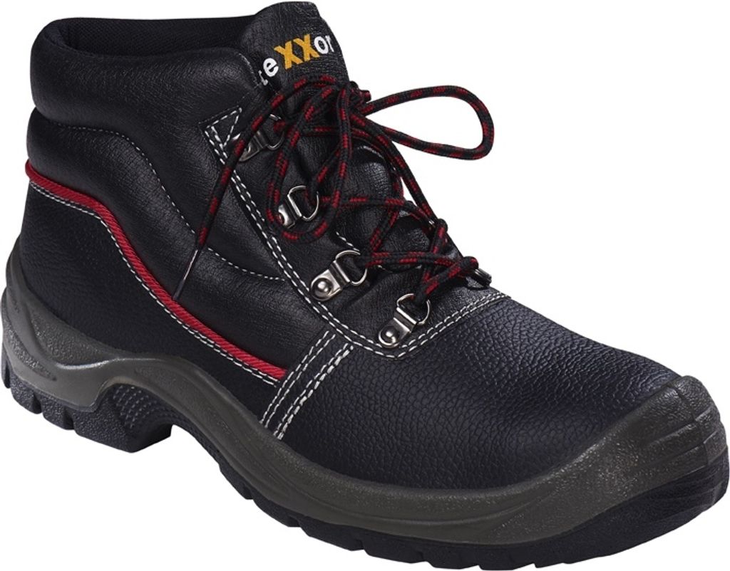 A black work boot with red accents and laces, shown against a white background.