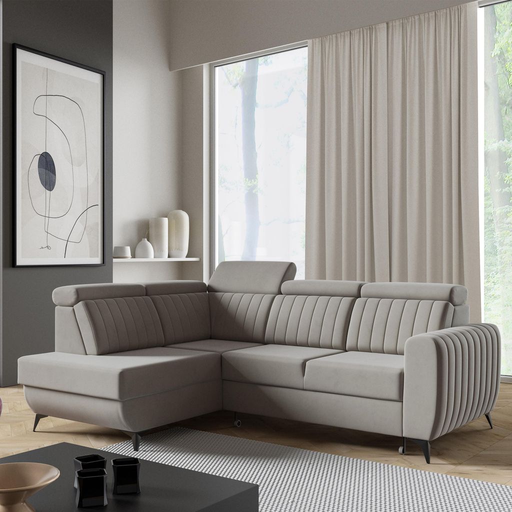 Ecksofa CONNOR II, Dunkelbeige, L-Form - mit Schlaffunktion, Bettkasten & Ottomane links