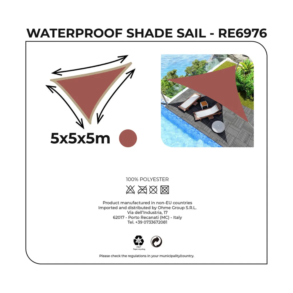 Voile d'ombrage polyester résistant avec anneaux en acier 5x5x5m - 6