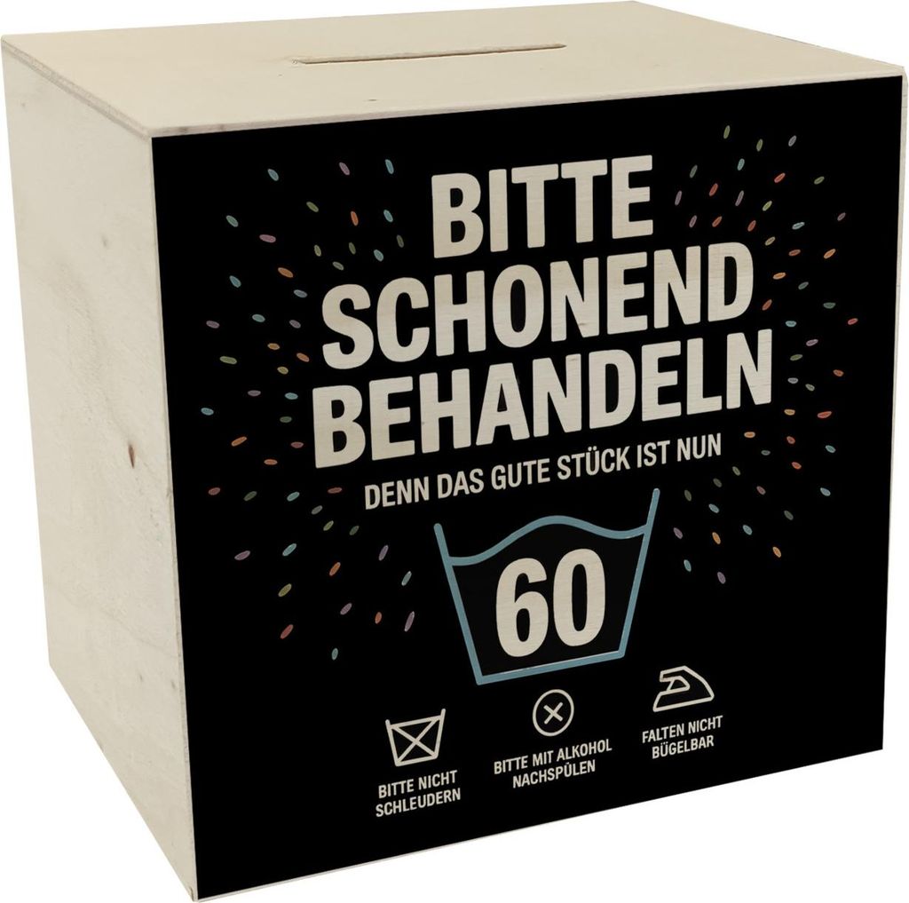 Wäschepflegeetikett Spardose aus Holz bitte schonend behandeln wird 60