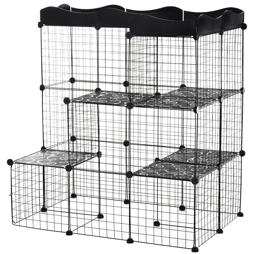 PawHut Käfig-Laufstall für Kleintiere, Katzen, Nerz, modular, 3 Ebenen, 2 Türen, Metalldrahtrampe, 105 x 70 x 116 cm, Schwarz