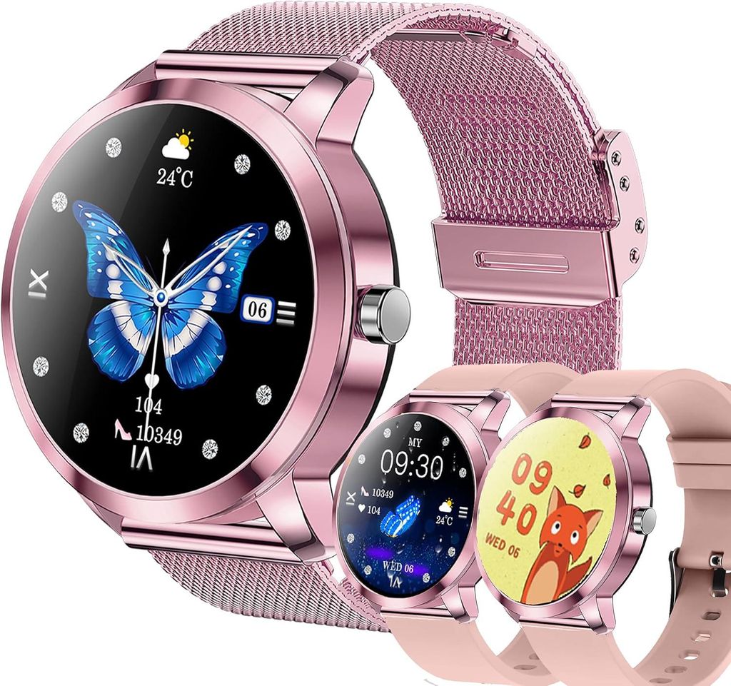 Smartwatch Damem mit Bluetooth Anrufe Taschenlampe, Große Batterie, 1,27" AMOLED 5ATM Fitnessuhr mit SpO2 Blutdruckmessung Herzfrequenz Schrittzä...