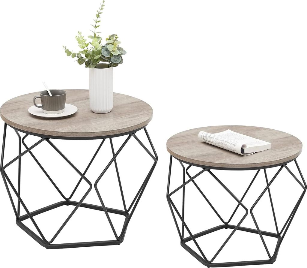VASAGLE Beistelltisch, 2er-Set, Couchtisch, Sofatisch mit Korbfunktion, Satztisch, geometrisch, Stahlgestell, für Wohnzimmer, Schlafzimmer, grau