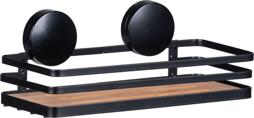 A black metal shelf with a wood-look bottom, mounted on a white background.