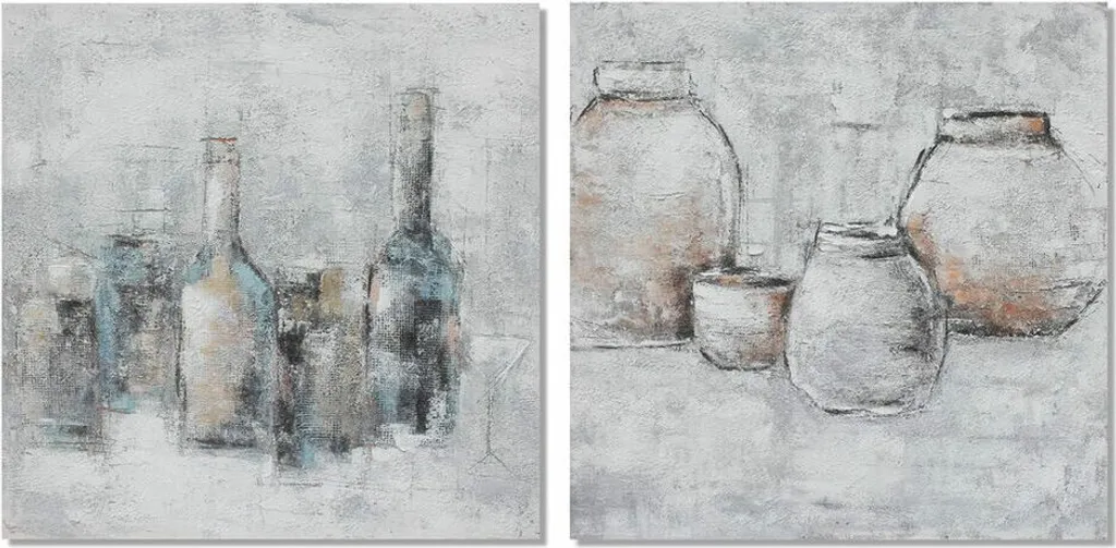 Tableau Vase en Toile de Lin et Pin 100x100 cm - Set de 2 Pièces S3018051