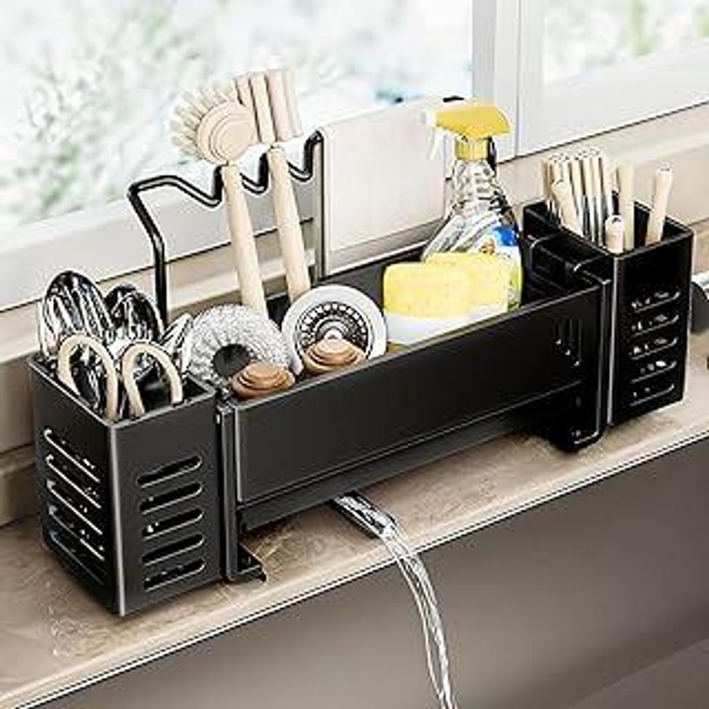 Spülbecken Organizer Schwarz Edelstahl Organizer Spüle Schmal 8cm mit Abflusspfanne für Küche und Badezimmer Multifunktionaler Spülorganizer m...
