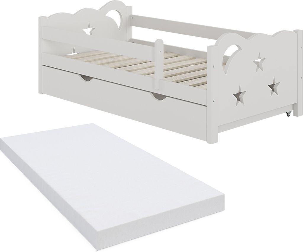 A white children's bed with a mattress in front of it, shown on a white background.