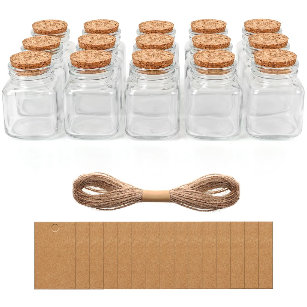 Belle Vous 15 Stk Glas mit Korkdeckel, Garn & Anhänger - 100 ml Flaschen zum Befüllen - Kleine Glasflaschen zum Befüllen für