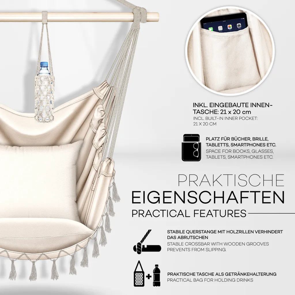 Fauteuil Suspendu Beige Résistant Intempéries avec Porte-Gobelet Intégré