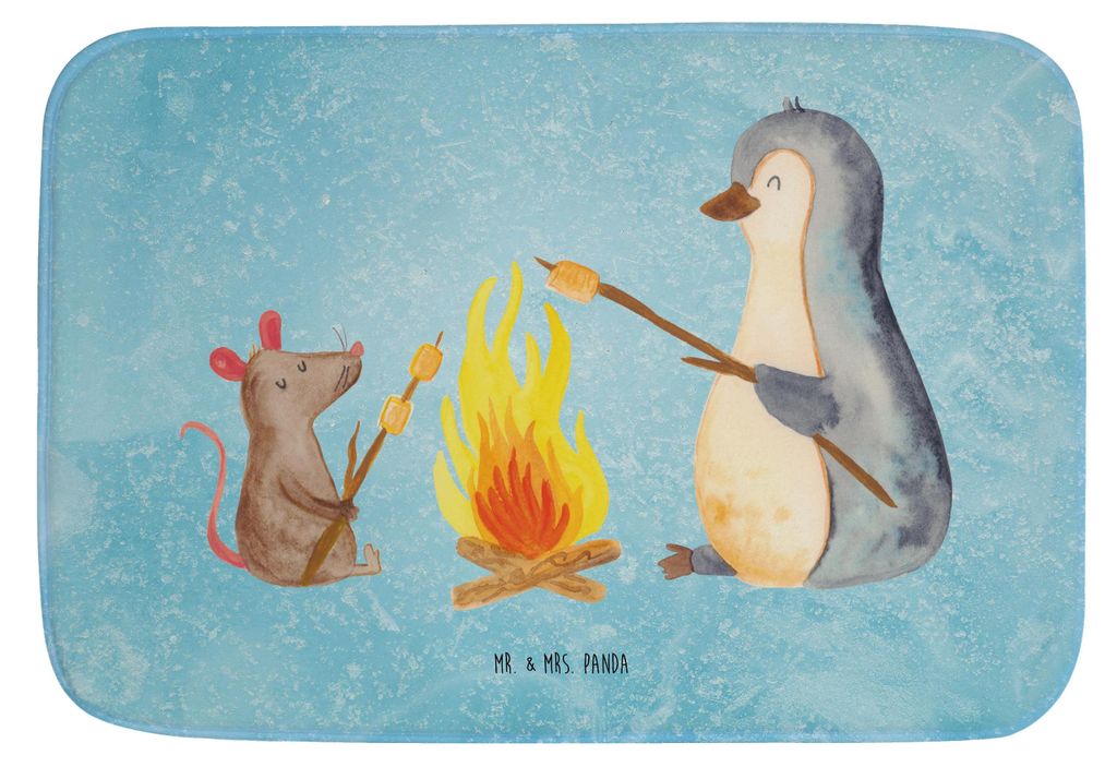 Mr. & Mrs. Panda Badteppich Pinguin Lagerfeuer - Eisblau - Geschenk, Badvorleger, Vorleger Bad, Badematte, Marshmallows, Job, Feuer, Badezimmertepp...