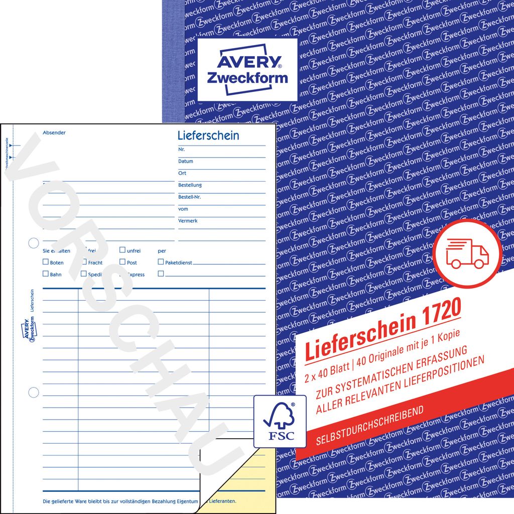 Avery Zweckform 1720, Lieferschein, A5, selbstdurchschreibend, 2x40 Blatt