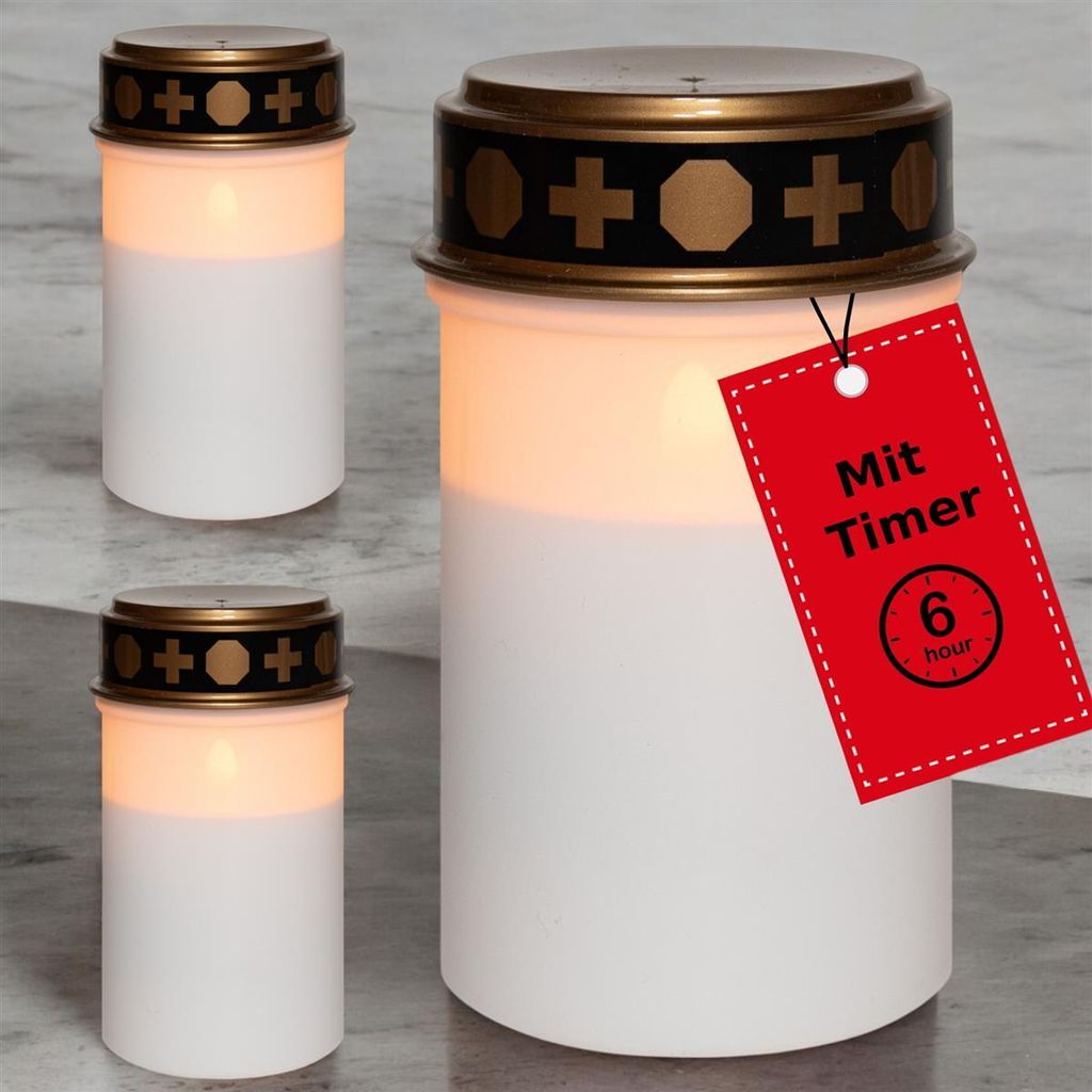 Novaliv LED Grablichter ohne Batterie und Timer 6/18 weiß 3x Kerzen Friedhof Grablicht LED ohne Batterie Friedhofskerze LED Kerze Outdoor Gedenkke...