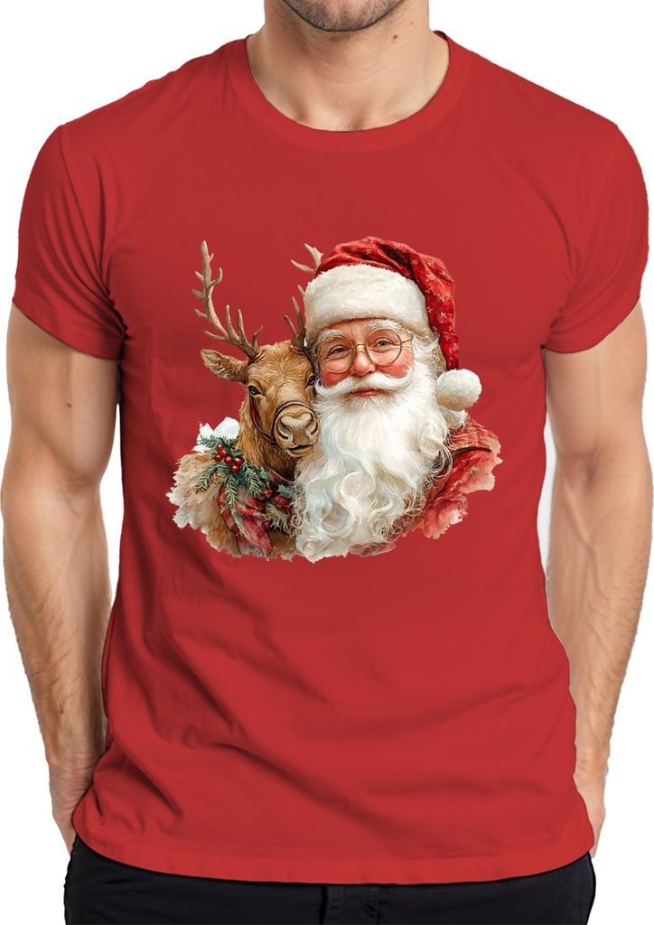 Weihnachtsmann Rentier Weihnachten Geschenk Vintage Retro Brille Herren T-Shirt, Rot, 3XL