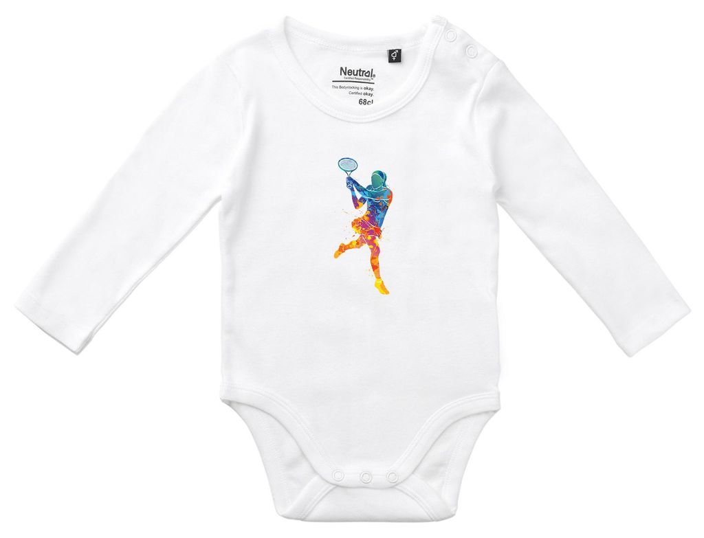 Huuraa Baby Body Tennis Spielerin bunte Silhouette 80 White Baumwolle Fairtrade Langarmbody Geschenkidee