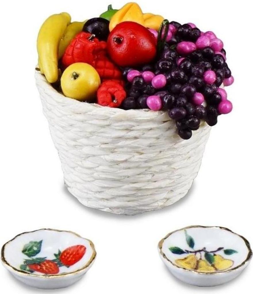 Miniatur Obstkorb mit kunterbuntem Obst und zwei Tellerchen