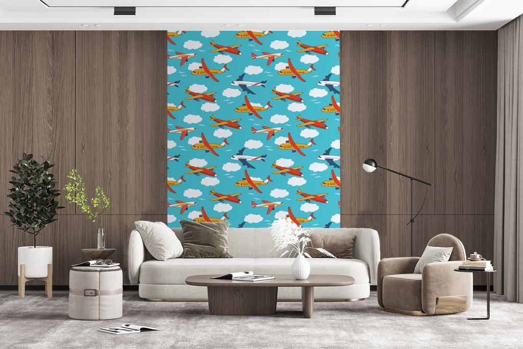 MuchoWow Fototapete für Wohnzimmer oder Schlafzimmer Wandtapete Vinyl Motivtapete Muster - Flugzeug - Wolke - Luft - Junge - Kind - Kinder - Kin...