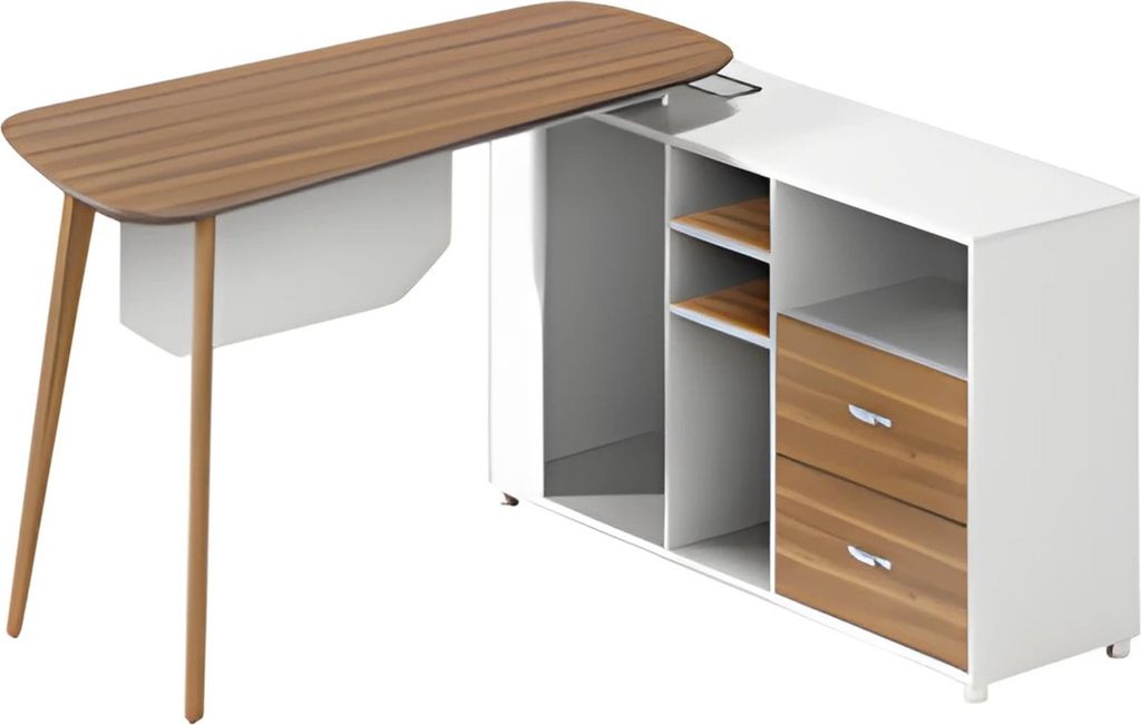 Schreibtisch aus Holz und Weiß mit Stauraum moderne Verarbeitung schlanke Beine