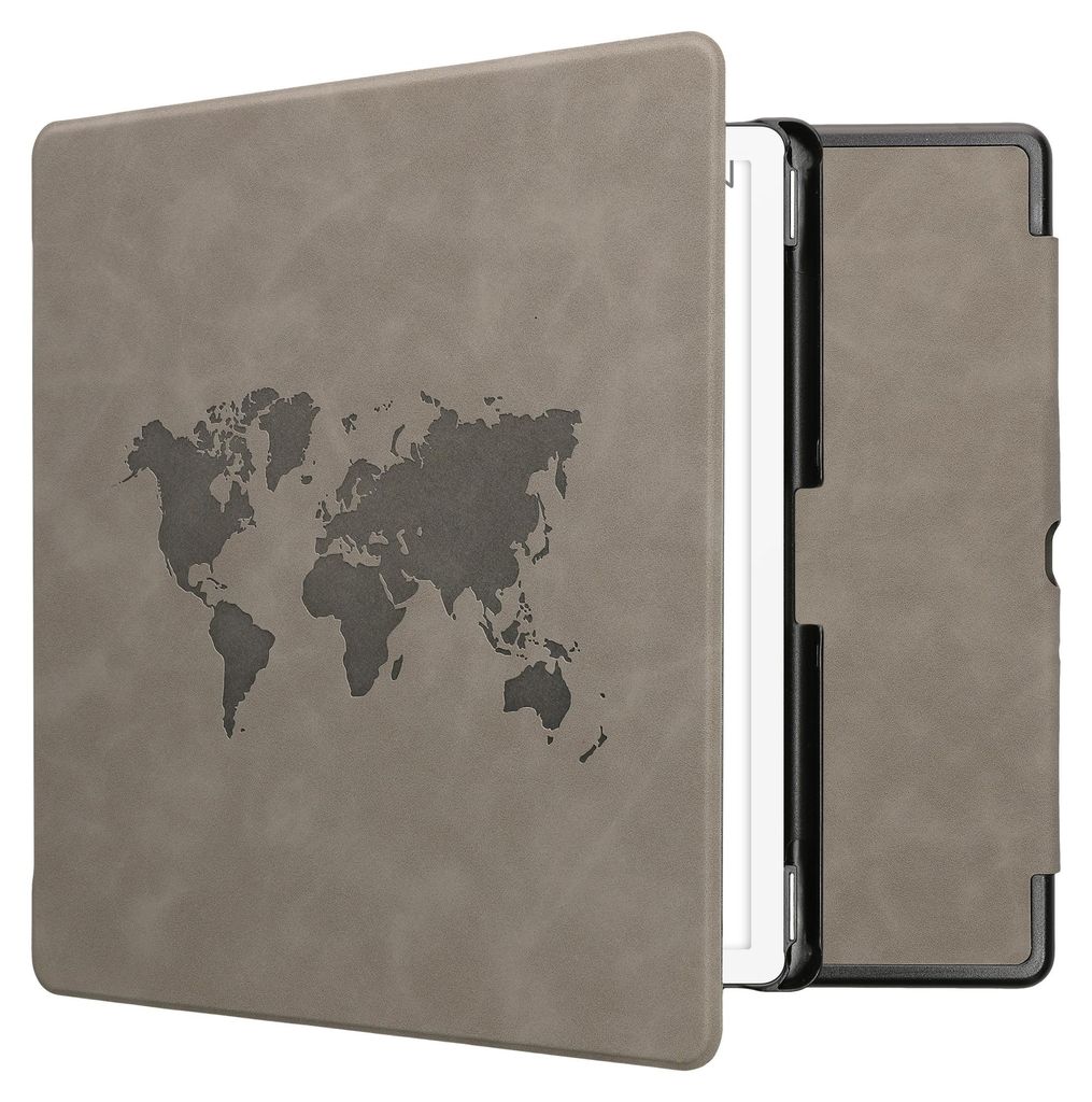 kwmobile Schutzhülle für Amazon Kindle Scribe (2024) Hülle - eReader Case aus Kunstleder mit Auto Sleep Funktion - Travel Umriss mit Grau