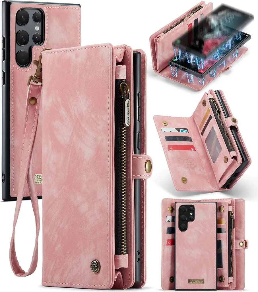 Cover S22 Ultra Anti-Urto Rosa Vintage | Portafoglio Completo con Zip