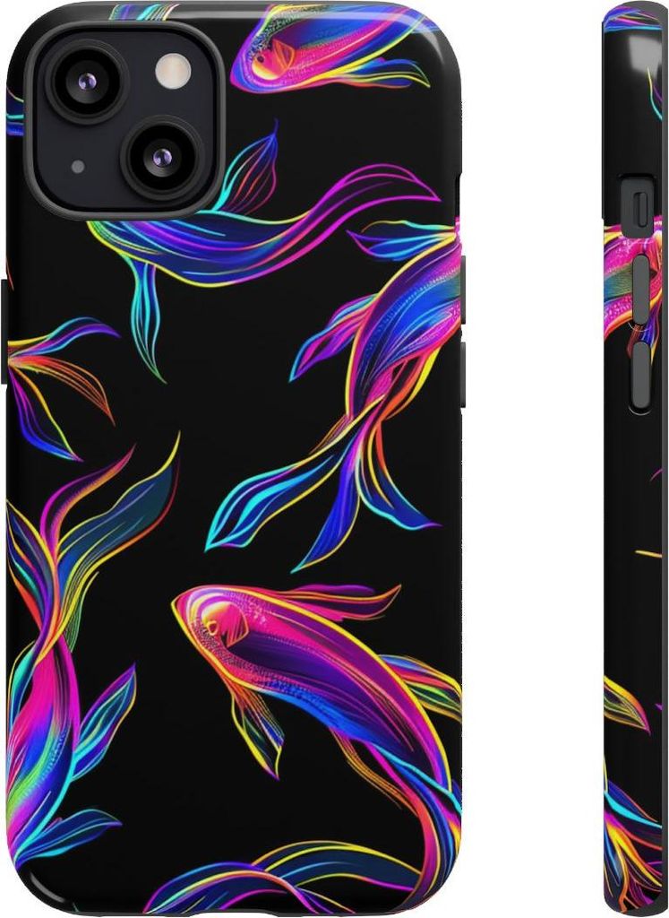 Leuchtende Neonfische auf Schwarz – Hülle Kompatibel mit iPhone 13