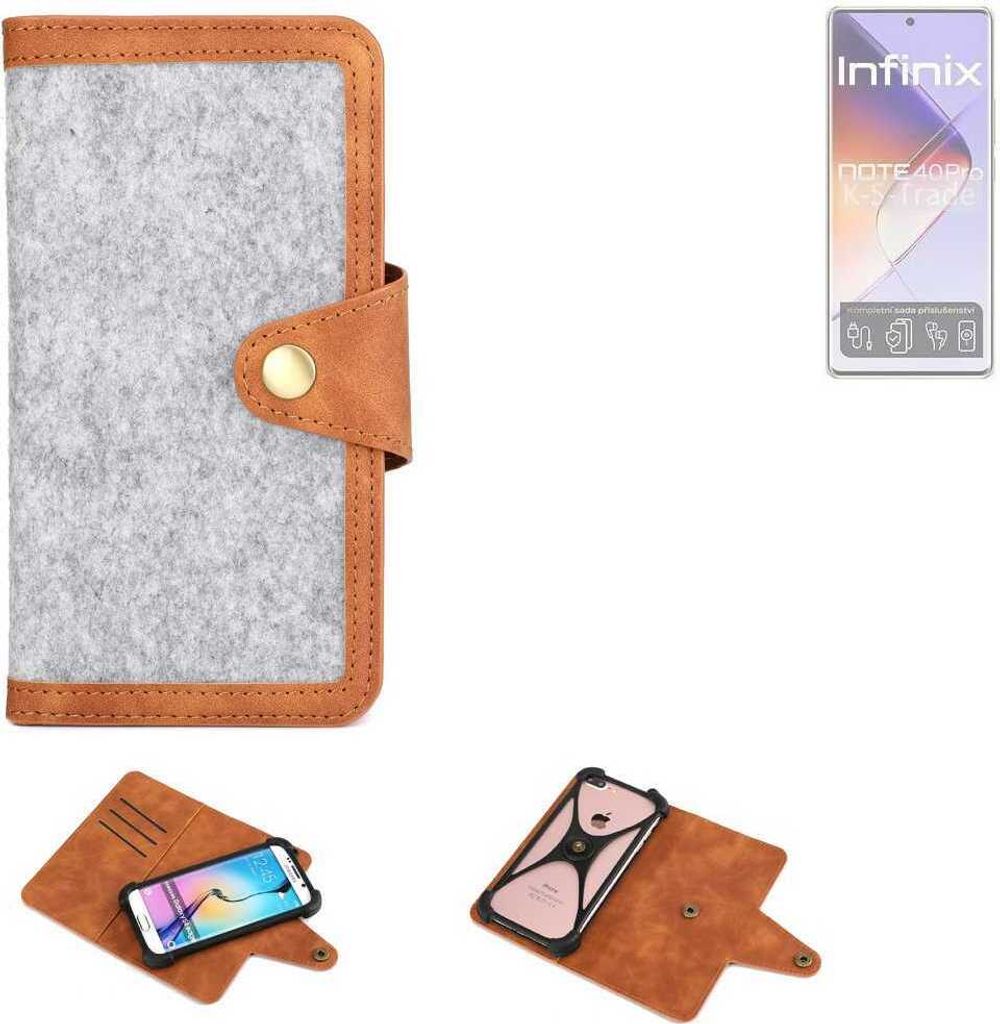 K-S-Trade Handyhülle kompatibel mit Infinix Note 40 Pro 5G Schutzhülle Filz-Hülle Kunst-Leder hellgrau braun (1x)
