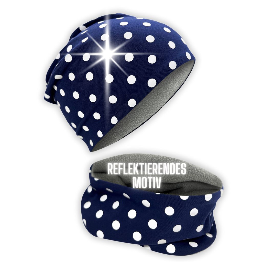 Kinder Reflektor Mütze & Loop - Punkte Vlies Stoff innen - Winter