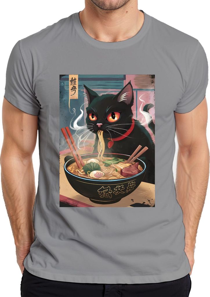 Schwarze Katze Ramen Nudelsuppe Japanisch Kawaii Anime Neko Chibi Herren T-Shirt, Grau, M