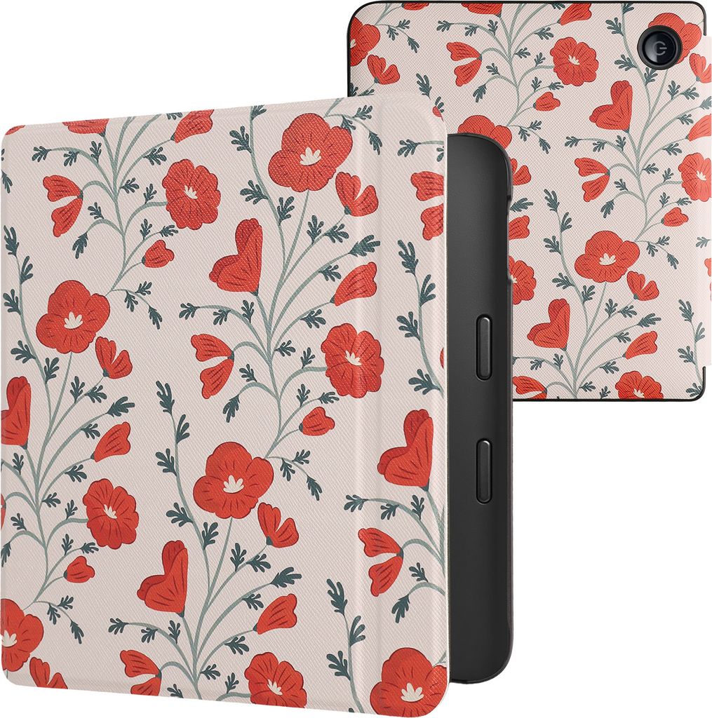 kwmobile Schutzhülle für Kobo Libra 2 Hülle - eReader Flip Case mit Auto Sleep Funktion - Mohnblumen mit Rot Grün Beige