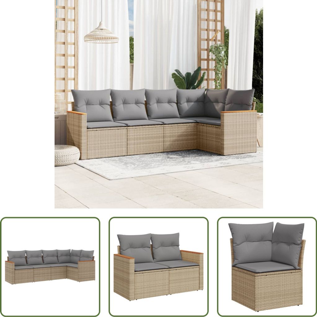 The Living Store 5-tlg. Garten-Sofagarnitur mit Kissen Beige Poly Rattan