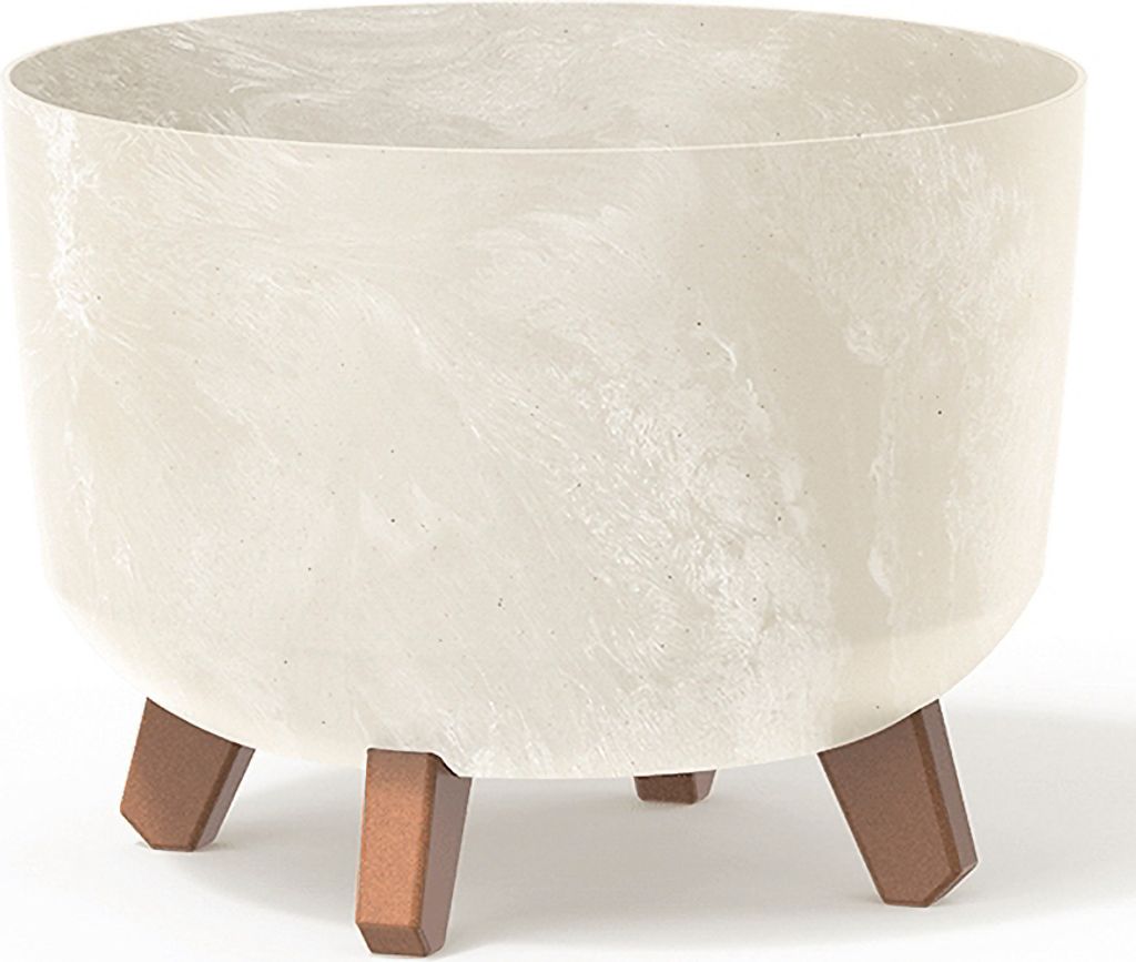 A cream-colored planter with a marbled pattern sits on three brown legs against a white background.