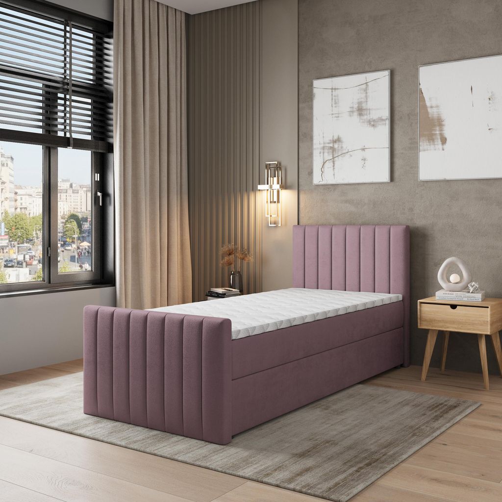 Masseno Boxspringbett ARION 100 100x200 cm Komplett-Set mit Bonell Matratze und Topper, Polsterbett mit Bettkästen -Rosa, KRONOS 27