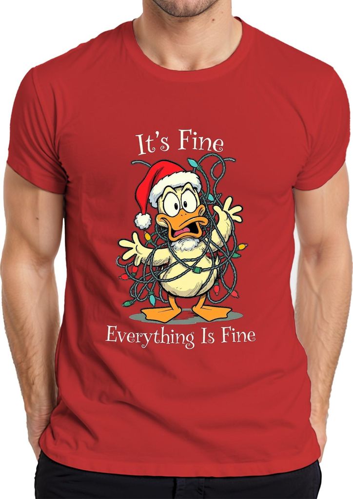 It's Fine Everything Is Fine Ente Weihnachten Lichterkette lustig Herren T-Shirt, Rot, 3XL