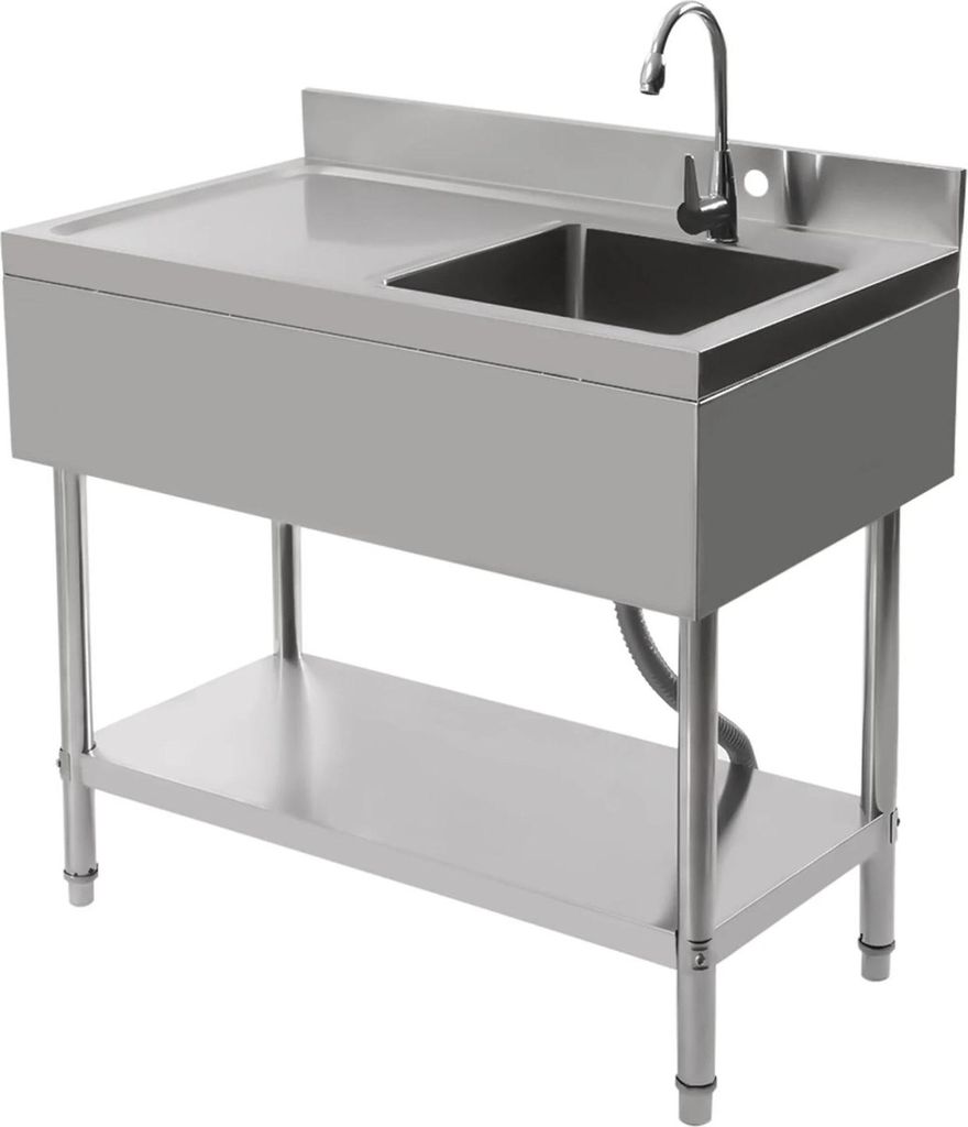 Edelstahl Gastro-Spüle - Einzelbecken - Mit Armatur - Korb & Ablaufschlauch - Freistehend mit erhöhter Basis - 100x60x80 cm - Silber