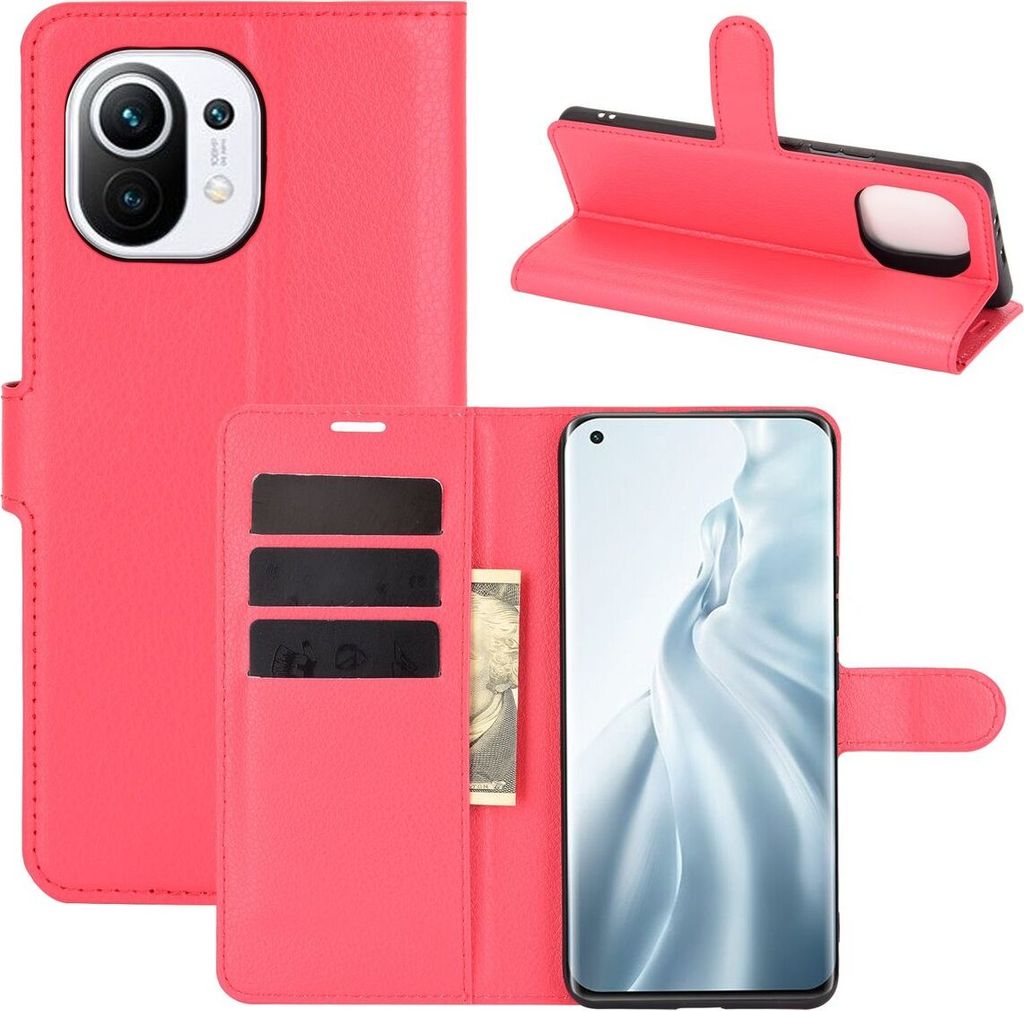 Schutzhülle für Xiaomi Mi 11 Case Handy Hülle Cover Case Schutztasche Wallet Etuis, Farbe:Rot