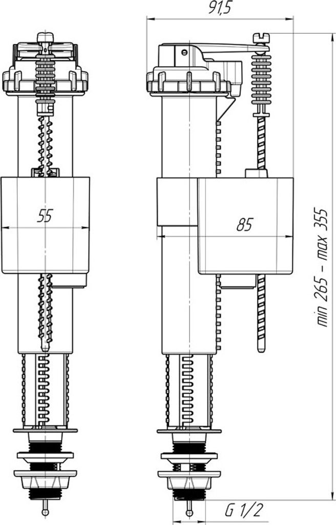 Belvit Füllventil für WC Spülkasten 1/2" Anschluss unten höhenverstellbar 265-355 mm