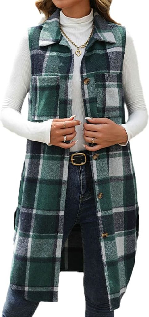 ASKSA Damen Lange Kariertes Weste Revers Frauen Winter Jacke Warm Baumwolle aermellos Tartan Freizeitjacke Winterweste (Gruen,M)