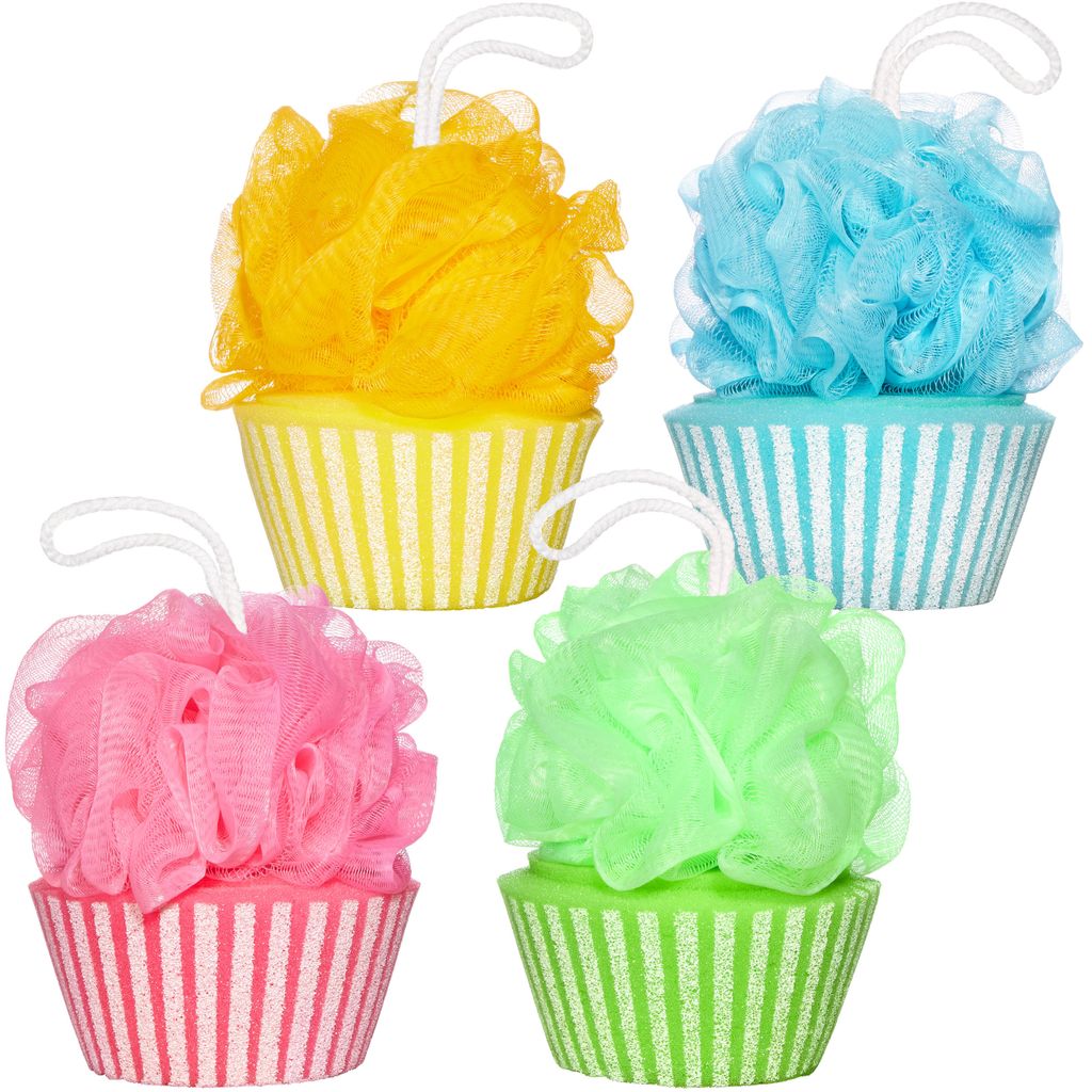 BRUBAKER 4er Set Badeschwamm Duschschwamm - Cupcake Peeling - Schwamm 40 g für ein angenehmes Badeerlebnis - Badeknäuel für Wellnessfeeling