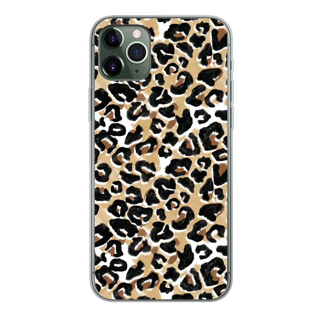 MuchoWow Handyhülle Schutzhülle Hülle für iPhone 11 Pro Max Tierdruck - Panther - Braun - Aquarell Silikon Softcase Handy Hülle - Schutz