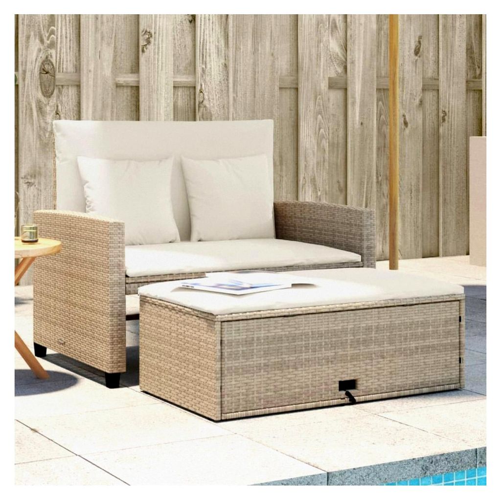 Gartensofa mit Kissen 2-Sitzer Beige Poly Rattan, Verstellbare Rückenlehne, Ausziehbarer Hocker, UV-beständig, Ideal für Terrasse und Balkon, Mi...