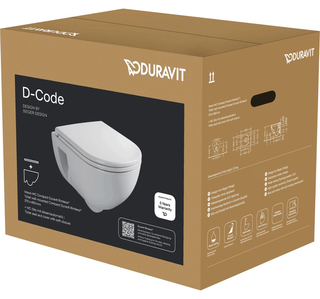 Duravit WC-Set, D-Code 2.0, wandhängend, spülrandlos, mit Produktbild 
