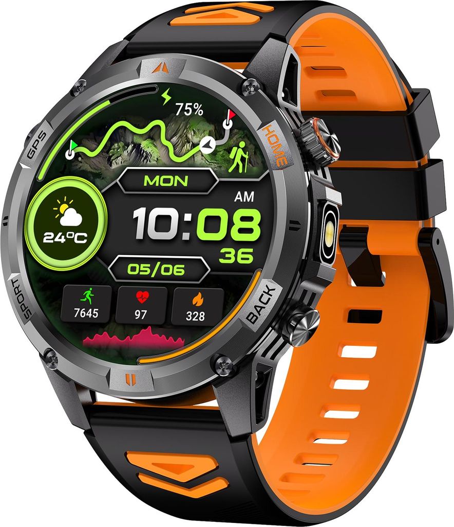Smart Sportuhr für den Außenbereich GPS Hohe Auflösung 360x360 Multisport-Modi Aktivitätstracker Schwarz und Orange