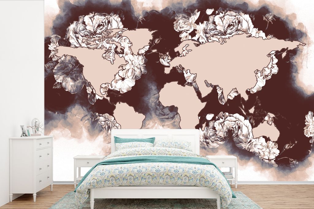MuchoWow Fototapete für Wohnzimmer oder Schlafzimmer Wandtapete Vinyl Motivtapete Weltkarte - Braun - Rosen - 360x240 cm - Vinyl-Tapete
