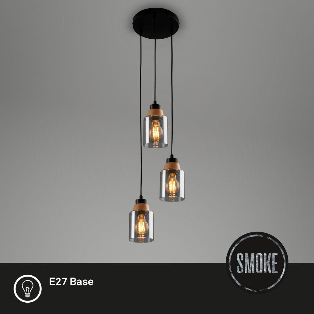 Pendant light, with wood, smoked glass, 3xE27/max. Produktbild 