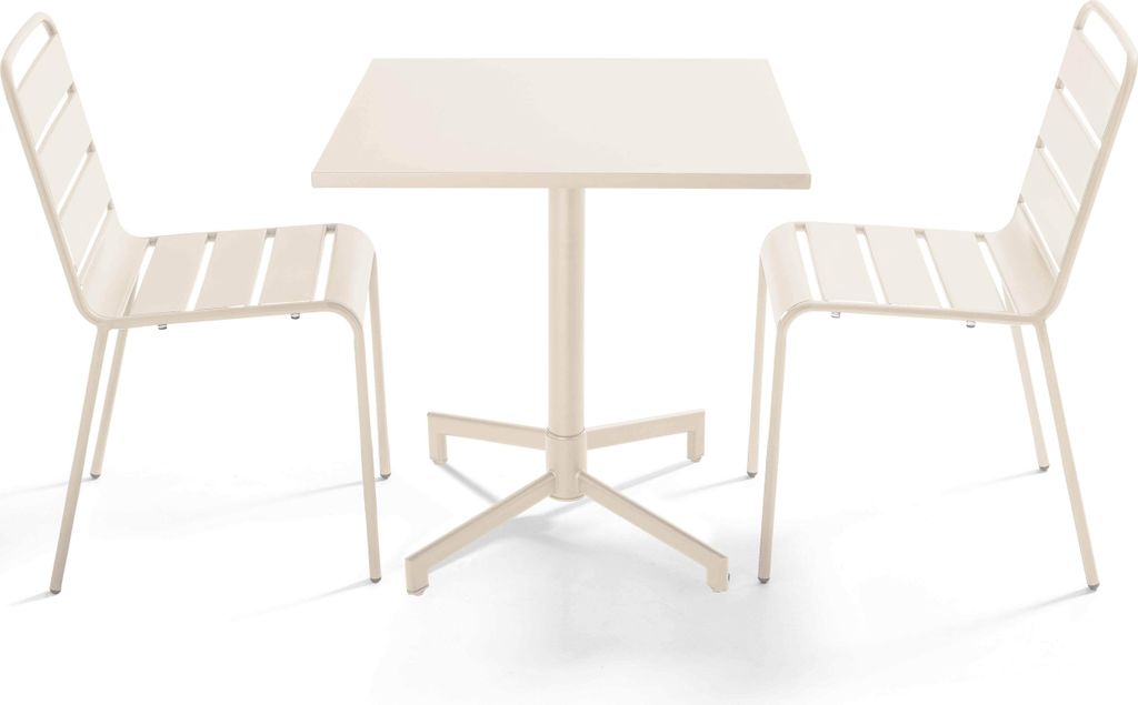 Set aus 70 cm Tisch und 2 Gartenstühlen aus Metall Elfenbein - Oviala Palavas