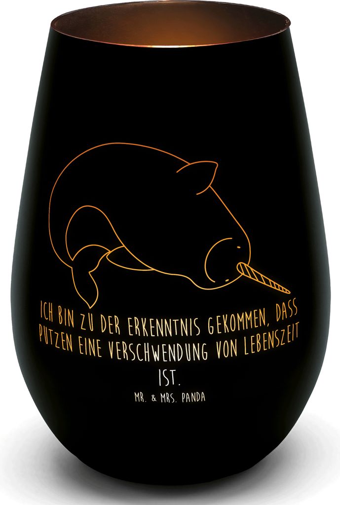 Mr. & Mrs. Panda Windlicht Glas Narwal - Schwarz - Geschenk, Meer, Laterne, Teelichthalter, teelichtglas, Gold, Wal, Kerzenhalter, Kinderzimmer, Au...