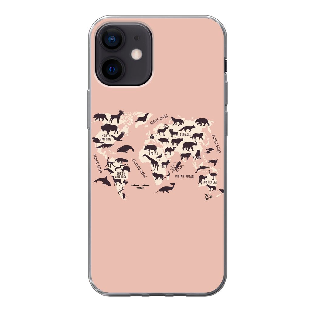 MuchoWow Handyhülle Schutzhülle Hülle für iPhone 12 Weltkarte - Tiere - Scherenschnitt Silikon Softcase Handy Hülle - Schutzhülle