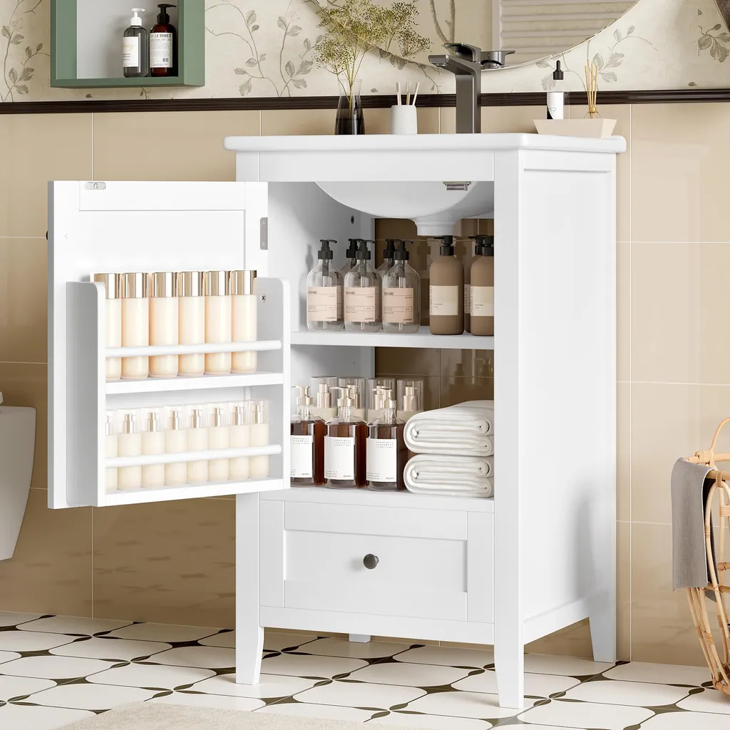 Petit meuble de salle de bains avec vasque intégrée et rangements