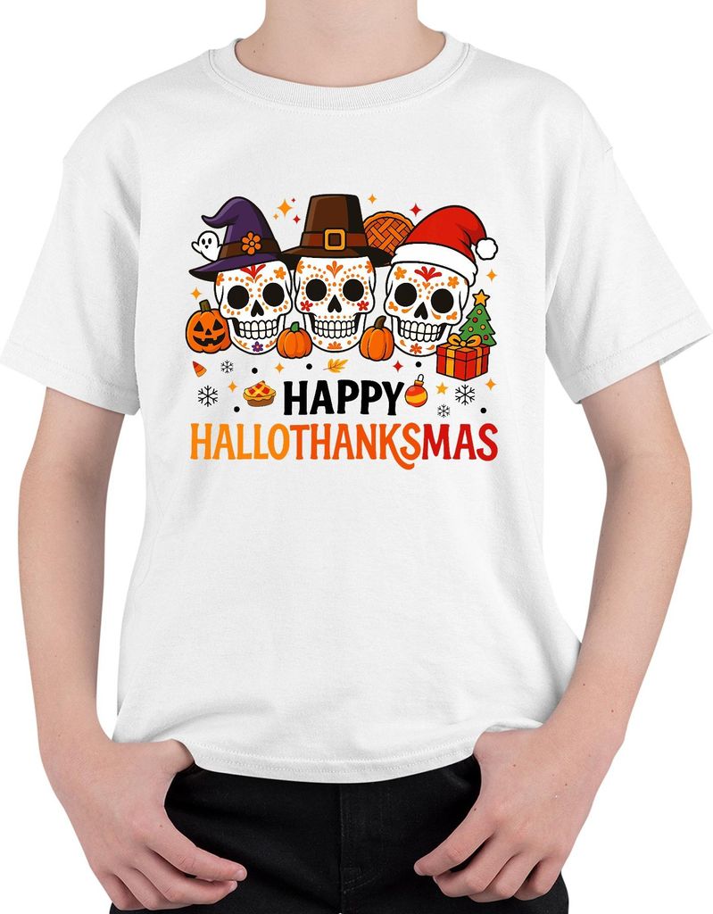 Happy Hallothanksmas Totenköpfe Dia de los Muertos Halloween Uni Kinder T-Shirt, Weiß, 116