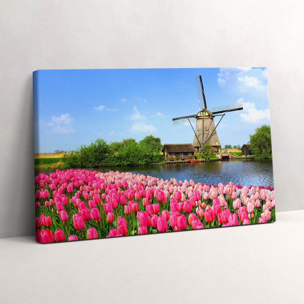 Holländische Windmühle mit Blumen – Leinwandbild Wandbild – 60x40 cm – Leinwandbilder – Wandbilder – Schlafzimmer – Flur